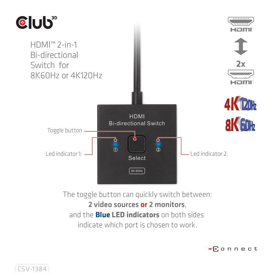 Club3D HDMI 2-in-1 Bi-directional Switch for 8K60Hz or 4K120Hz Adapter Black