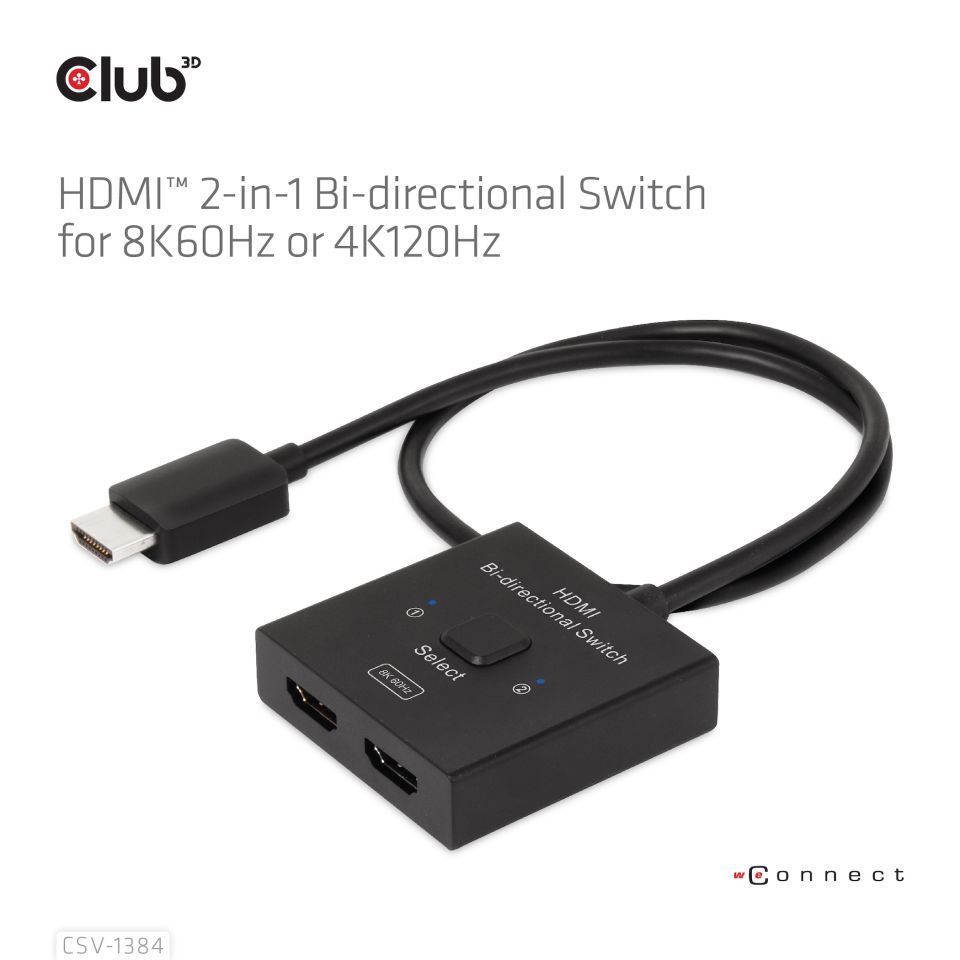 Club3D HDMI 2-in-1 Bi-directional Switch for 8K60Hz or 4K120Hz Adapter Black