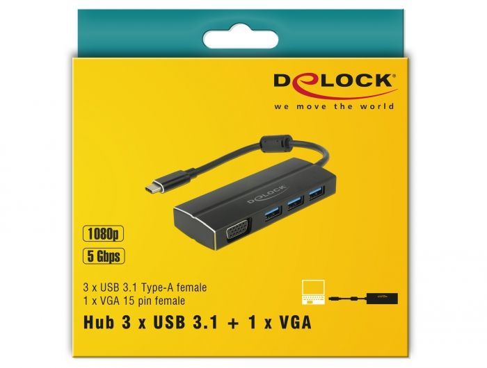 DeLock USB 3.1 Gen 1 Adapter USB Type-C to 3x USB 3.0 Type-A Hub + 1 x VGA (DP Alt Mode)