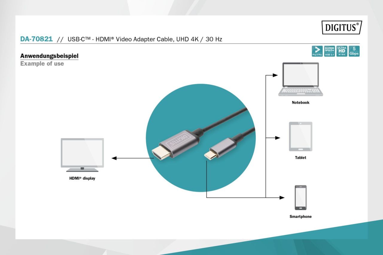 Digitus USB-C to HDMI male/male cable 1,8m Black