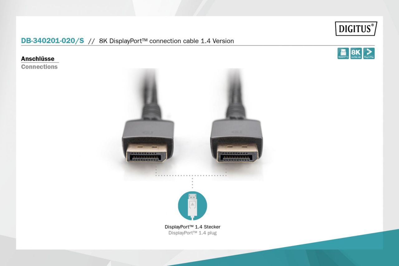 Digitus DB-340201-020-S 8K DisplayPort Connection Cable Version 1.4