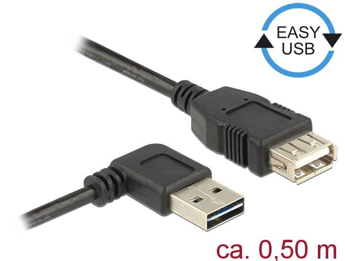 DeLock Extension cable EASY-USB 2.0 Type-A male angled left / right > USB 2.0 Type-A female 0,5m Black