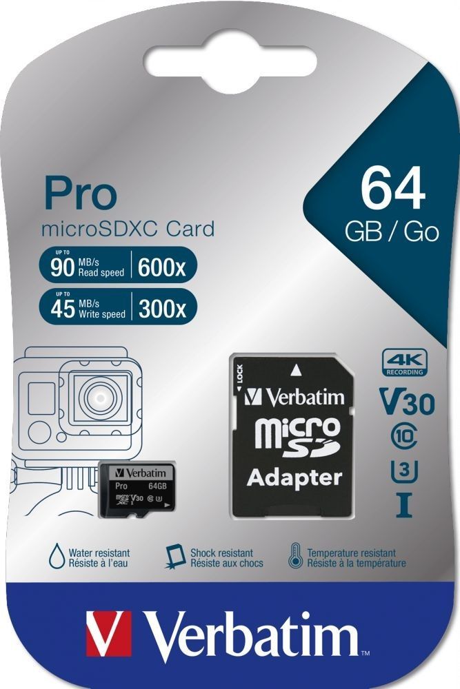 Verbatim 64GB microSDXC Pro Class 10 U3 V30 + adapterrel