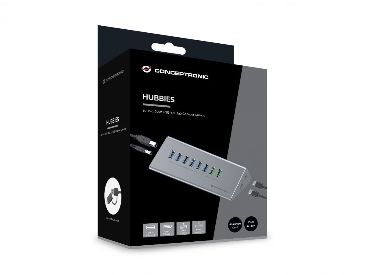 Conceptronic HUBBIES17G 10-Port USB3.2 Gen 2 Hub Grey