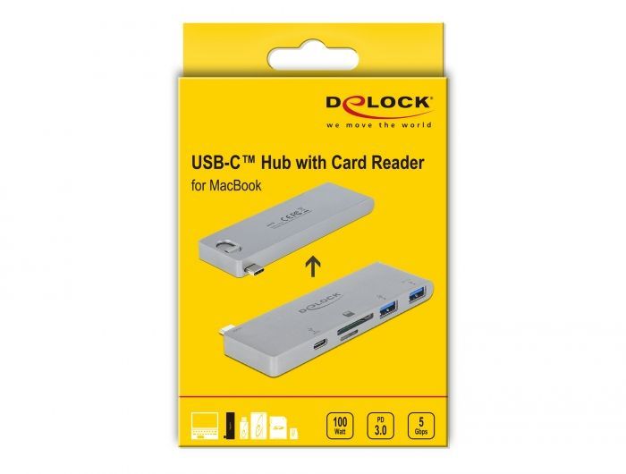 DeLock 3 Port Hub and 2 Slot Card Reader for MacBook with PD 3.0 and retractable USB Type-C Connection