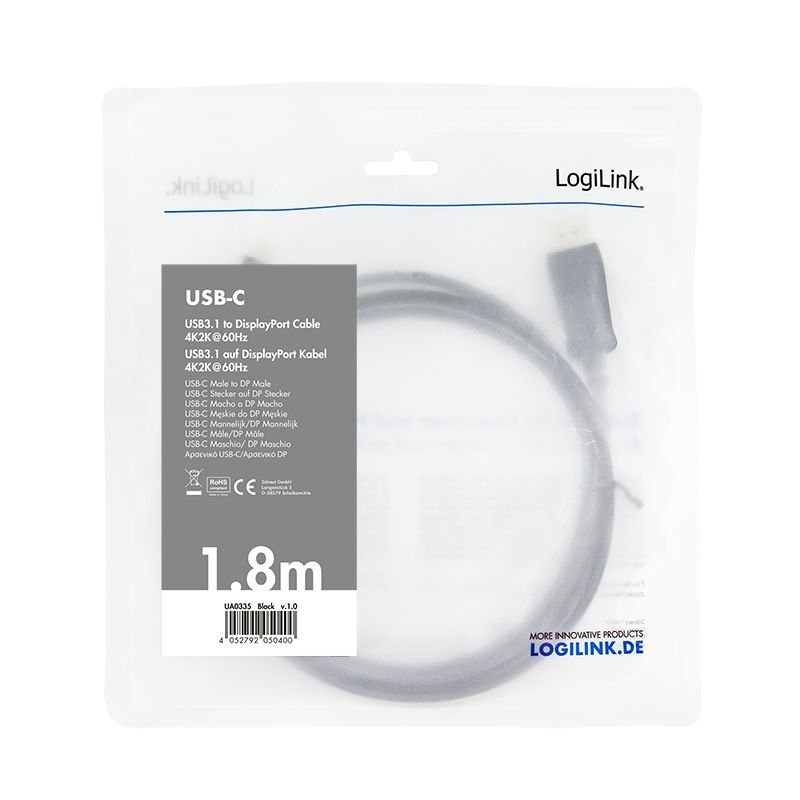 Logilink USB 3.2 Gen1 Type-C cable C/M to DP/M 4K/120Hz 1,8m Black