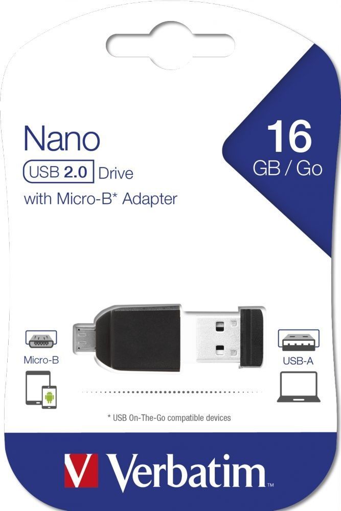Verbatim 16GB NANO USB Drive with Micro USB (OTG) Adapter Black