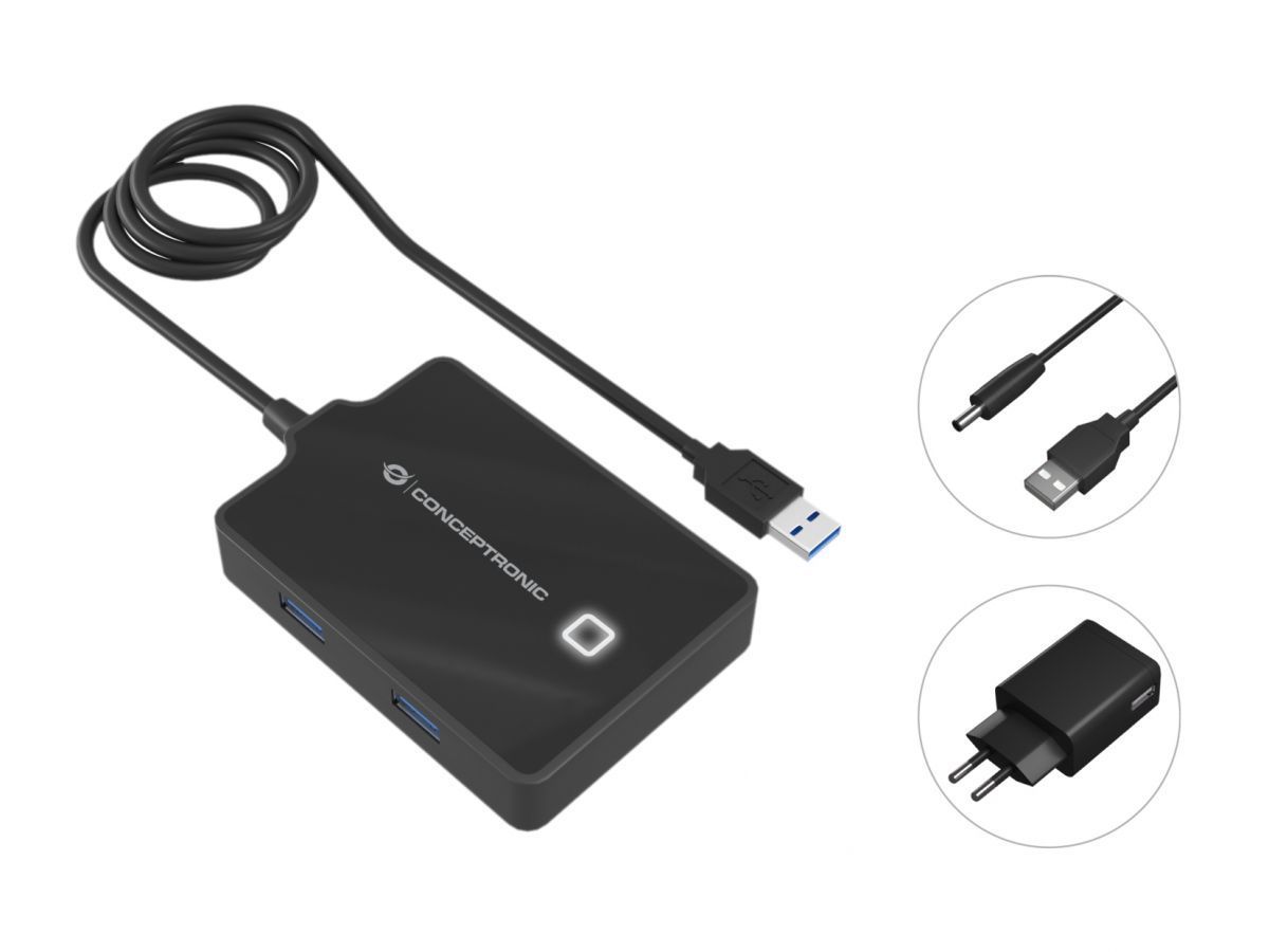 Conceptronic HUBBIES11BP 4-portos USB3.0 HUB with Power Adapter 90cm Cable Black
