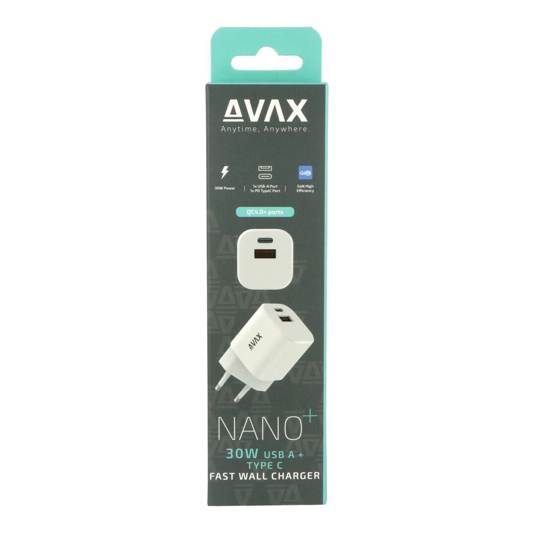 Avax CH640W NANO+ 30W GaN USB A + Type C Fast Charger White