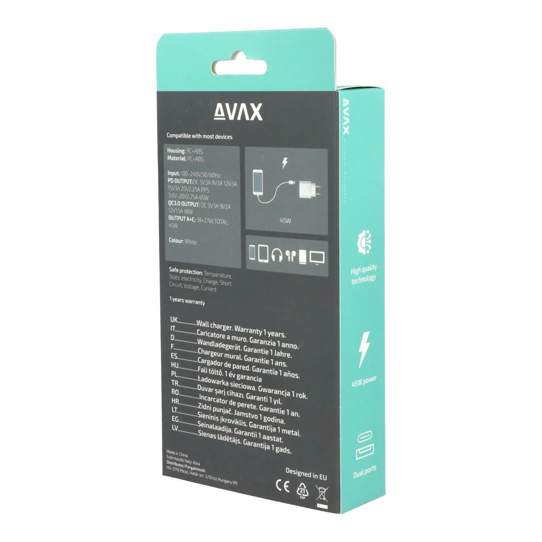 Avax CH632W FIVEY+ 45W GaN USB A + Type C Fast Charger White