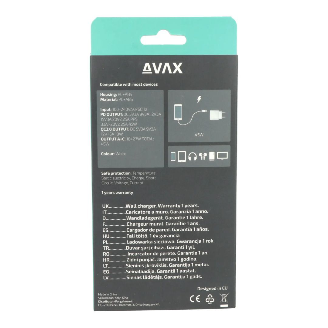 Avax CH632W FIVEY+ 45W GaN USB A + Type C Fast Charger White