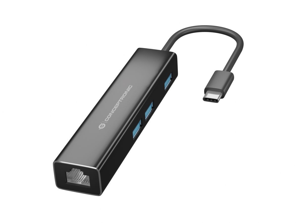 Conceptronic DONN07B Gigabit USB3.2 Gen 1 Network Adapter with USB HUB Black