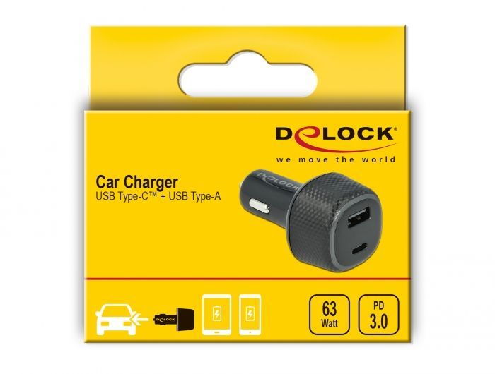 DeLock Car charger USB Type-C PD 3.0 and USB Type-A with 63W Black