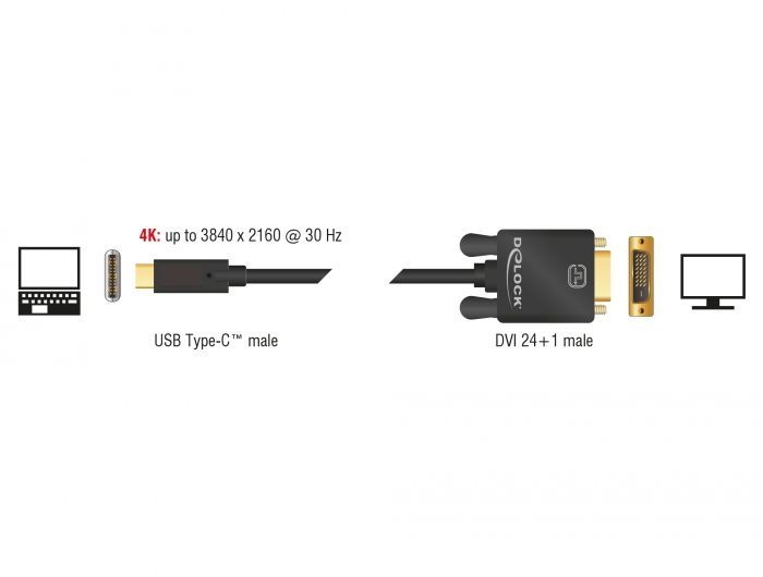 DeLock USB Type-C male > DVI-D (Single Link) male (DP Alt Mode) 4K 30 Hz 3m Black