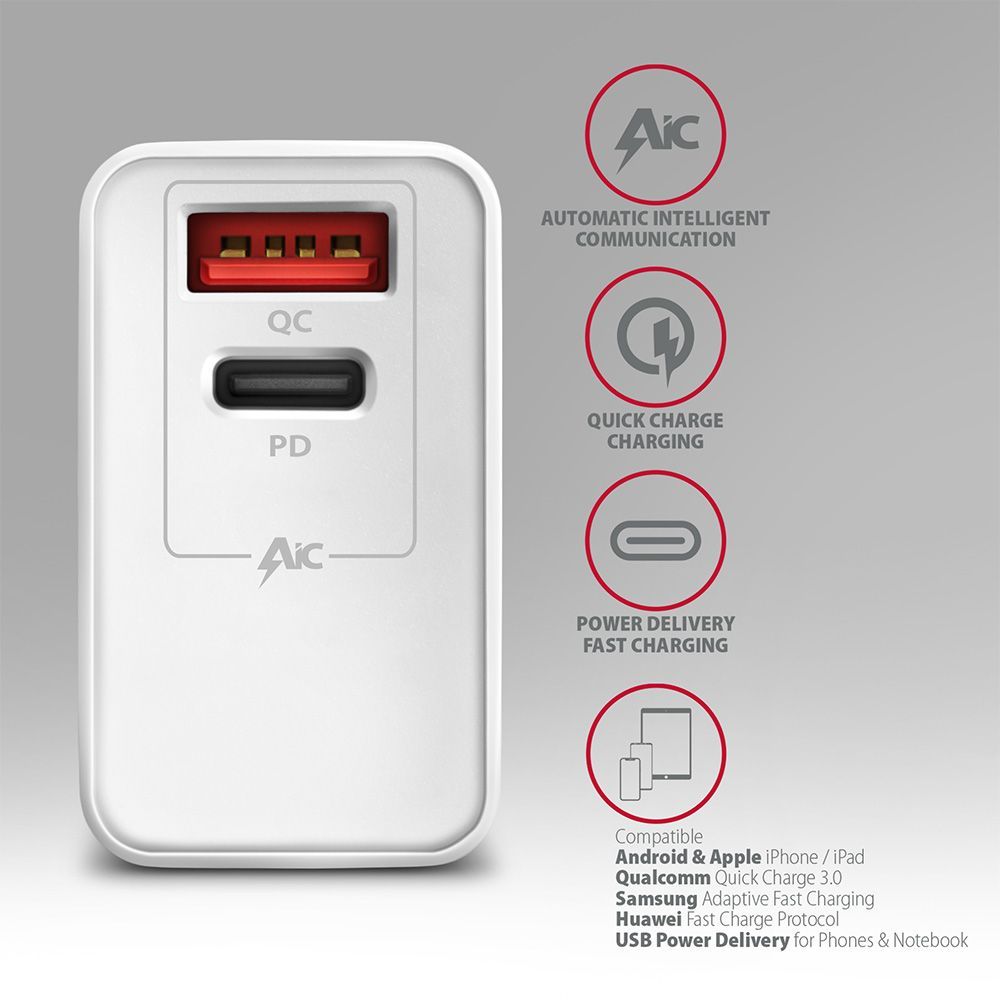 AXAGON ACU-PQ22W Wall Charger PD & Quick Charge 3.0 Dual USB Output 22W White