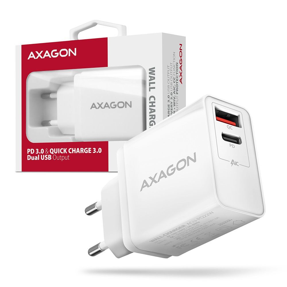 AXAGON ACU-PQ22W Wall Charger PD & Quick Charge 3.0 Dual USB Output 22W White