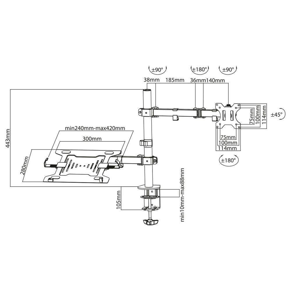 ACT AC8305 Single Monitor Arm with Laptop Arm 10"-35" Black