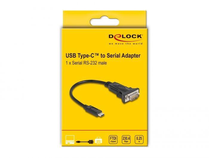 DeLock Adapter USB Type-C to 1 x Serial RS-232 D-Sub 9 pin male with screws 0,25m Black