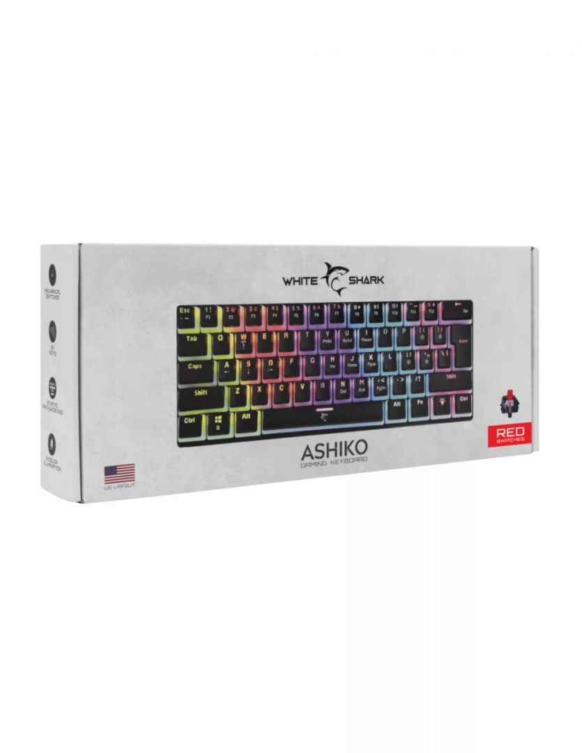 White Shark GK-2202B Ashiko Red Switches Mechanical 60% Gaming Keyboard Black US