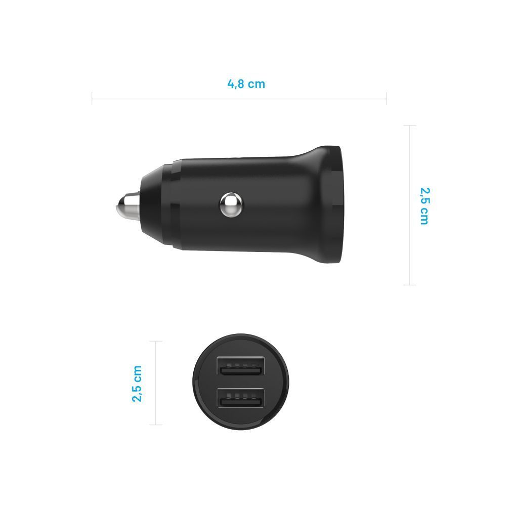 FIXED Dual USB Car Charger 15W + USB/USB-C Cable Black