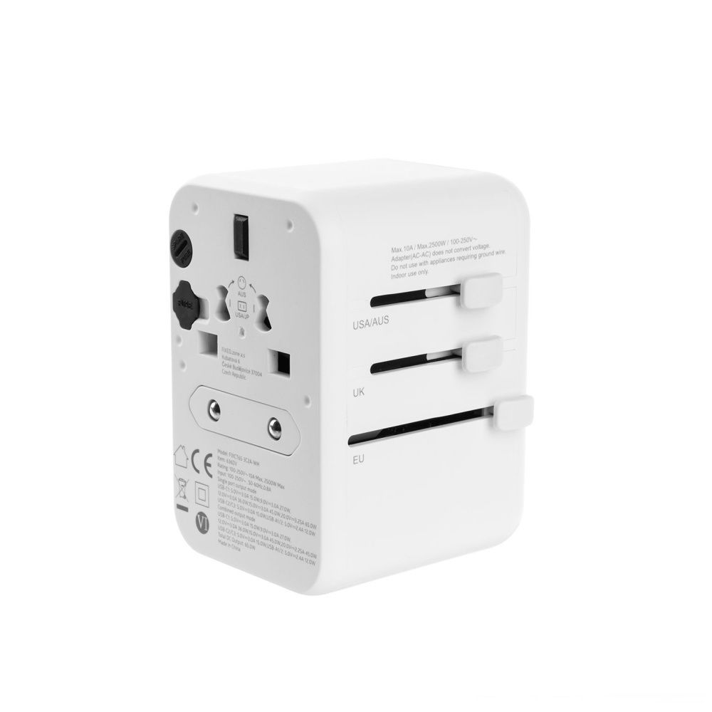 FIXED travel adapter for EU, UK and USA/AUS, with 3xUSB-C and 2xUSB output, GaN, PD 65W, white