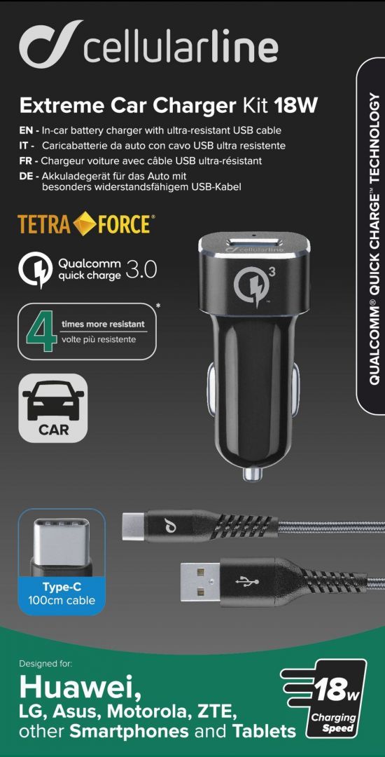 Cellularline Set USB car charger and durable USB-C cable Tetra Force 18W Qualcomm Quick Charge 3.0 Black