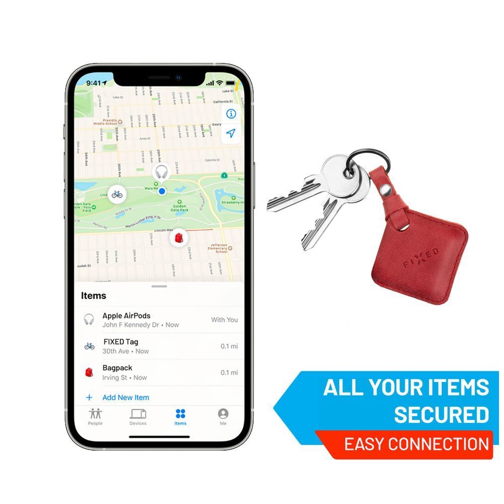 FIXED Tag intelligens helymeghatározó eszköz, Apple Find My applikációval működik, bőr tokkal, piros