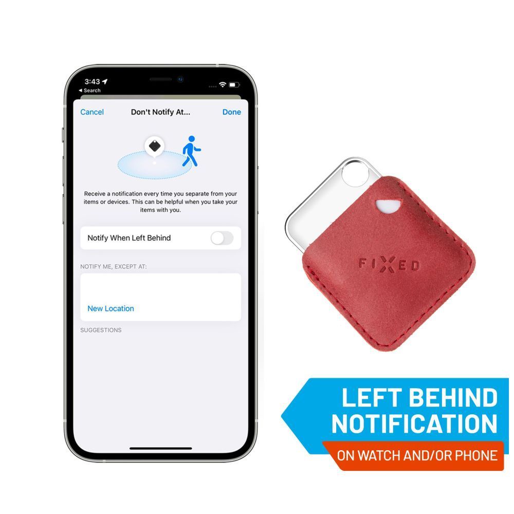 FIXED Tag intelligens helymeghatározó eszköz, Apple Find My applikációval működik, bőr tokkal, piros
