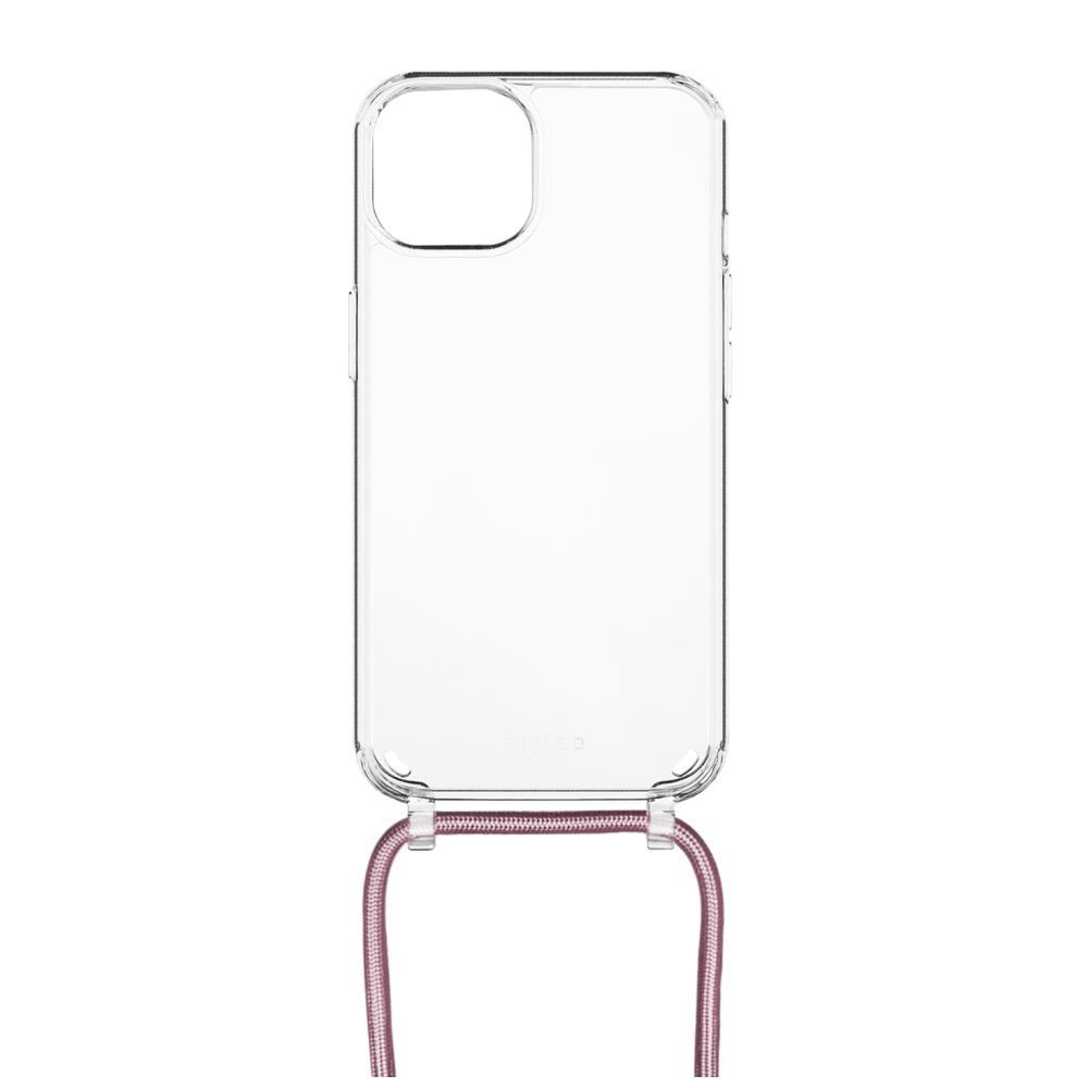 FIXED Pure Neck átlátszó tok Apple iPhone 15 készülékhez, pink nyakpánttal, átlátszó