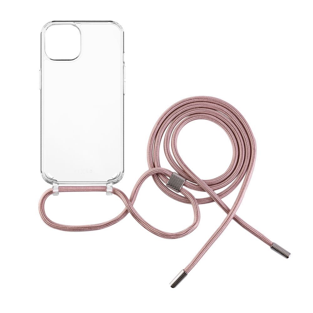 FIXED Pure Neck átlátszó tok Apple iPhone 15 készülékhez, pink nyakpánttal, átlátszó