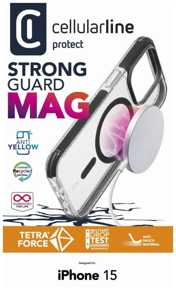 Cellularline Tetra Force Strong Guard Mag with Magsafe support for Apple iPhone 15, transparent