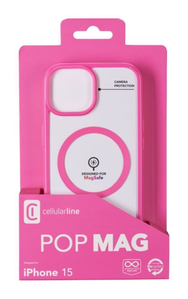 Cellularline Pop Mag Back Cover with Magsafe Support for Apple iPhone 15, Clear/Pink