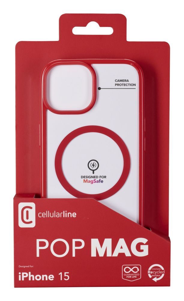 Cellularline Pop Mag back cover with Magsafe support for Apple iPhone 15, clear/red