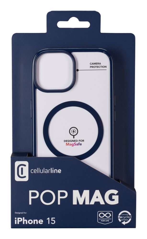 Cellularline Pop Mag Back Cover with Magsafe Support for Apple iPhone 15, Clear/Blue