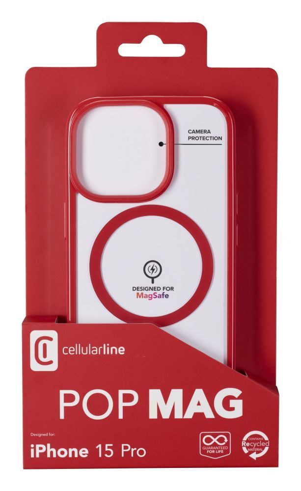 Cellularline Pop Mag Back Cover with Magsafe Support for Apple iPhone 15 Pro, Clear/Red