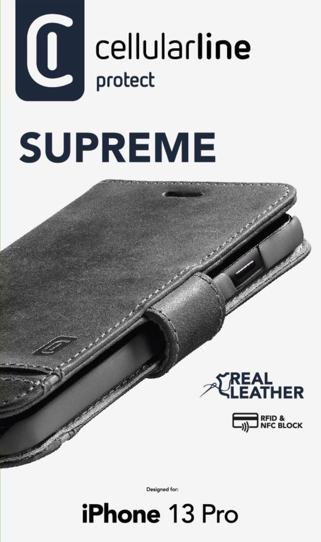 Cellularline Premium Supreme Leather Book Case for Apple iPhone 13 Pro, Black