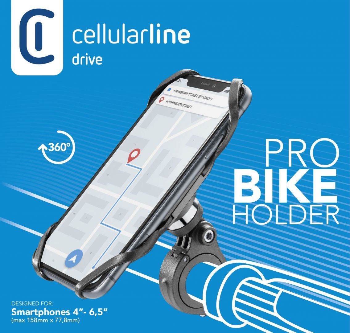 Cellularline Universal Bike Holder PRO for mobile phones to attach to the handlebars, black