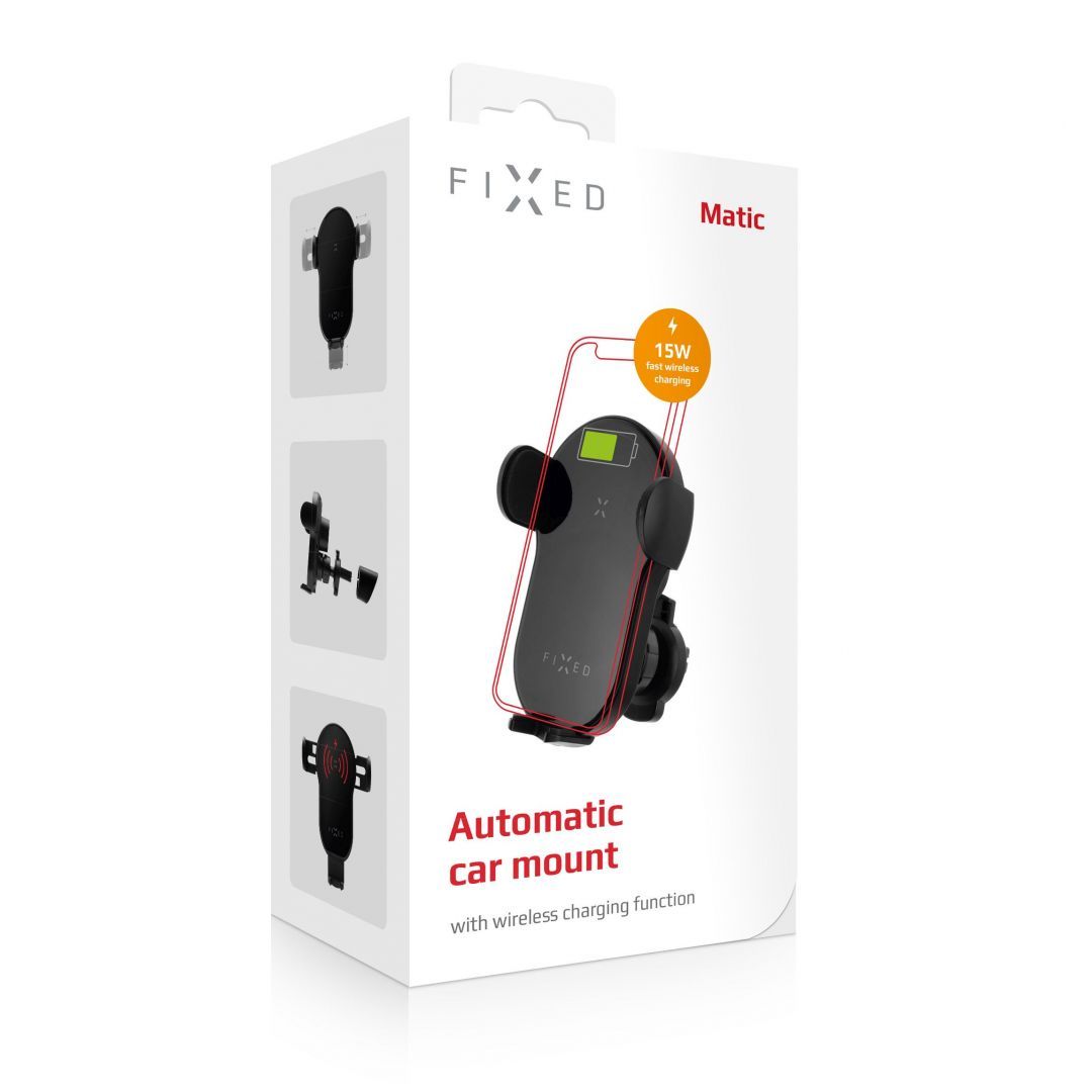 FIXED Matic autós tartó automatikus telefonrögzítő rendszerrel és vezeték nélküli töltéssel, 15W, fekete