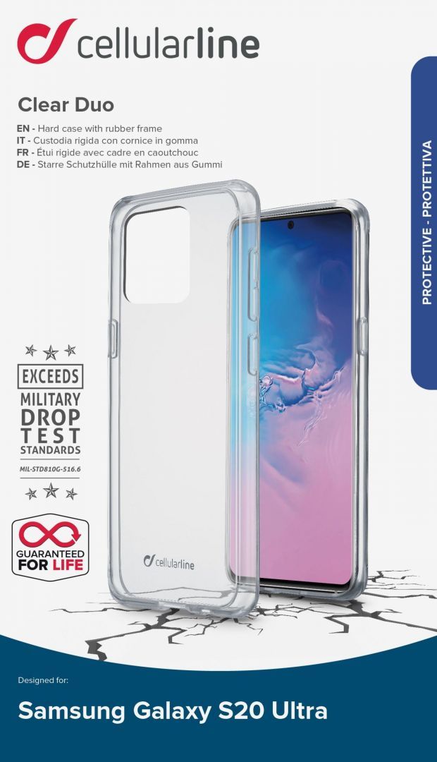 Cellularline Back clear cover with Clear Duo protective frame for Samsung Galaxy S20 Ultra