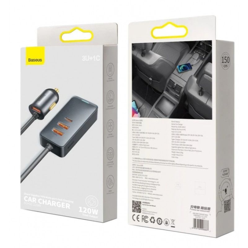 Baseus Share Together autós töltő hosszabbítóval 3x USB USB-C 120W Grey
