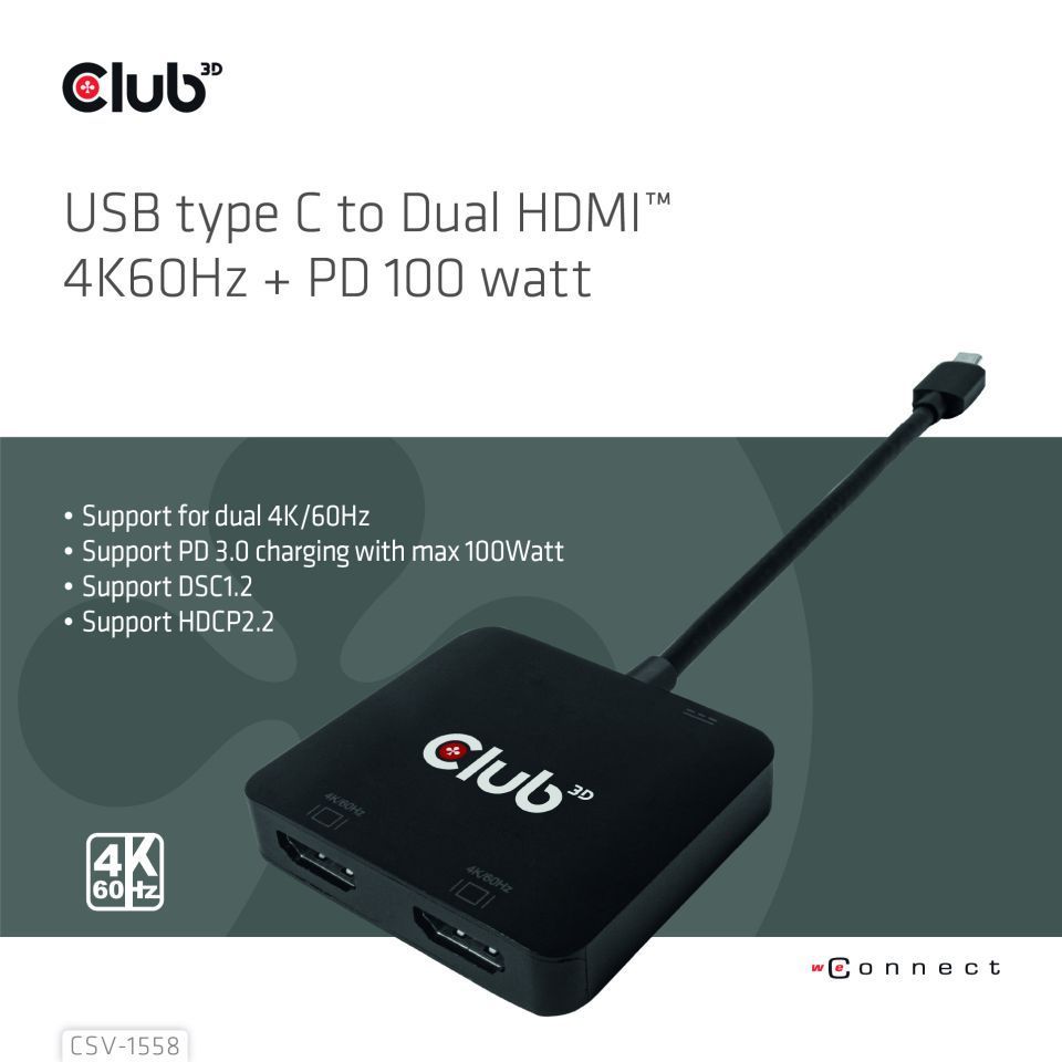 Club3D Club3D MST-Hub USB 3.2 Typ C &gt; 2x HDMI 4K60Hz +100W PD St/Bu retail