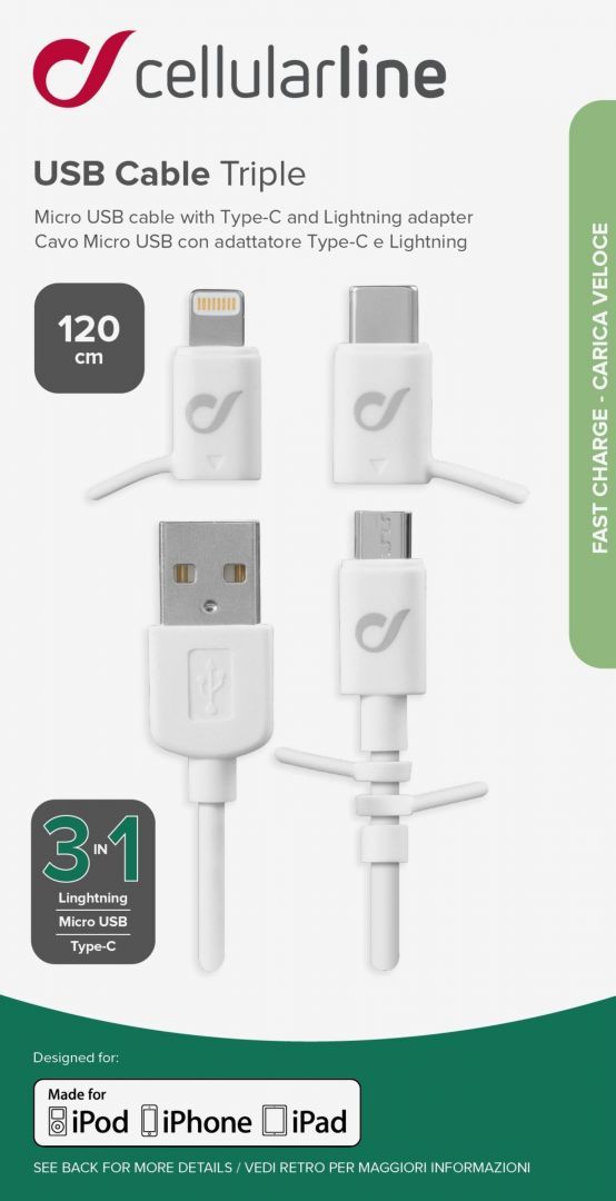 Cellularline USB cable with three Lightning adapters + micro USB + USB-C cable 1m White