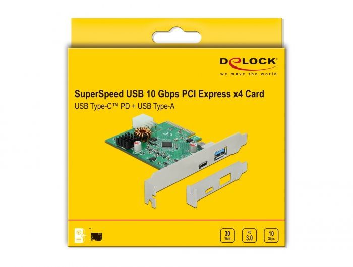 DeLock PCI Express x4 Card to 1 x external USB Type-C female with PD function + 1 x external USB Type-A female SuperSpeed USB 10 Gbps (USB 3.2 Gen 2)