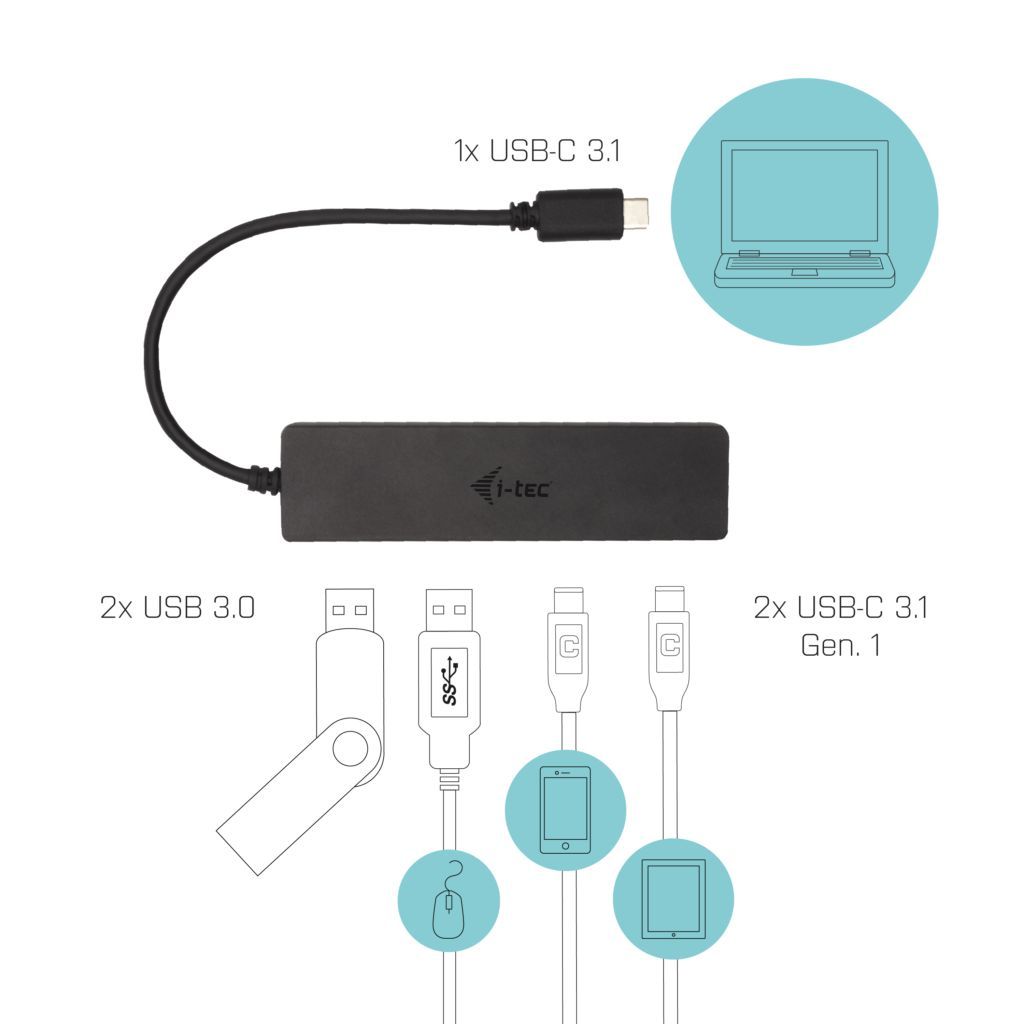 I-TEC 4-port USB-C Metal 2xUSB 3.0+2xUSB-C Hub Black