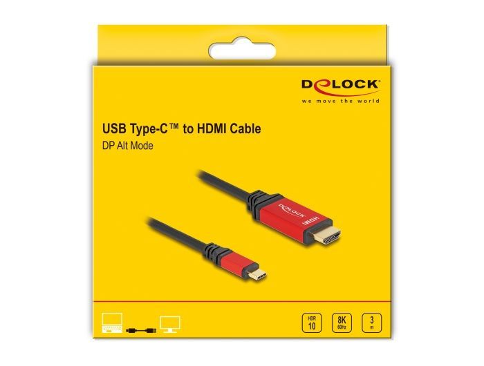 DeLock USB Type-C to HDMI Cable (DP Alt Mode) 8K 60 Hz with HDR function 3m Black/Red
