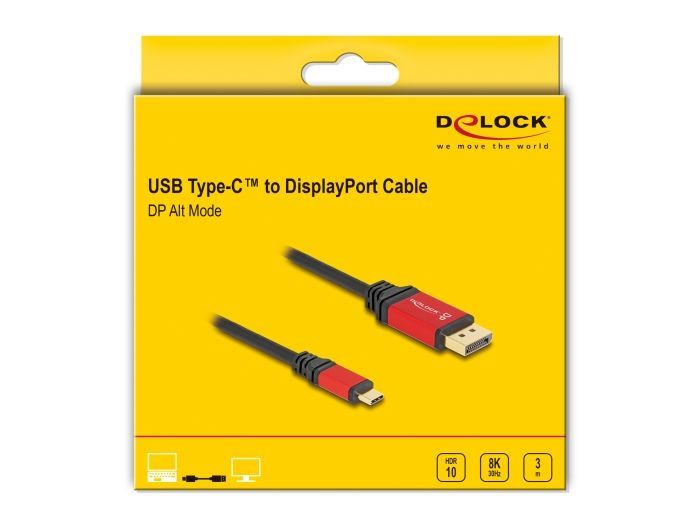 DeLock USB Type-C to DisplayPort Cable (DP Alt Mode) 8K 30 Hz with HDR function 3m Black/Red
