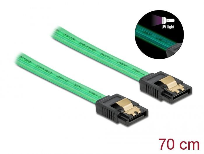 DeLock SATA 6 Gb/s Cable UV Glow Effect 70 cm Green