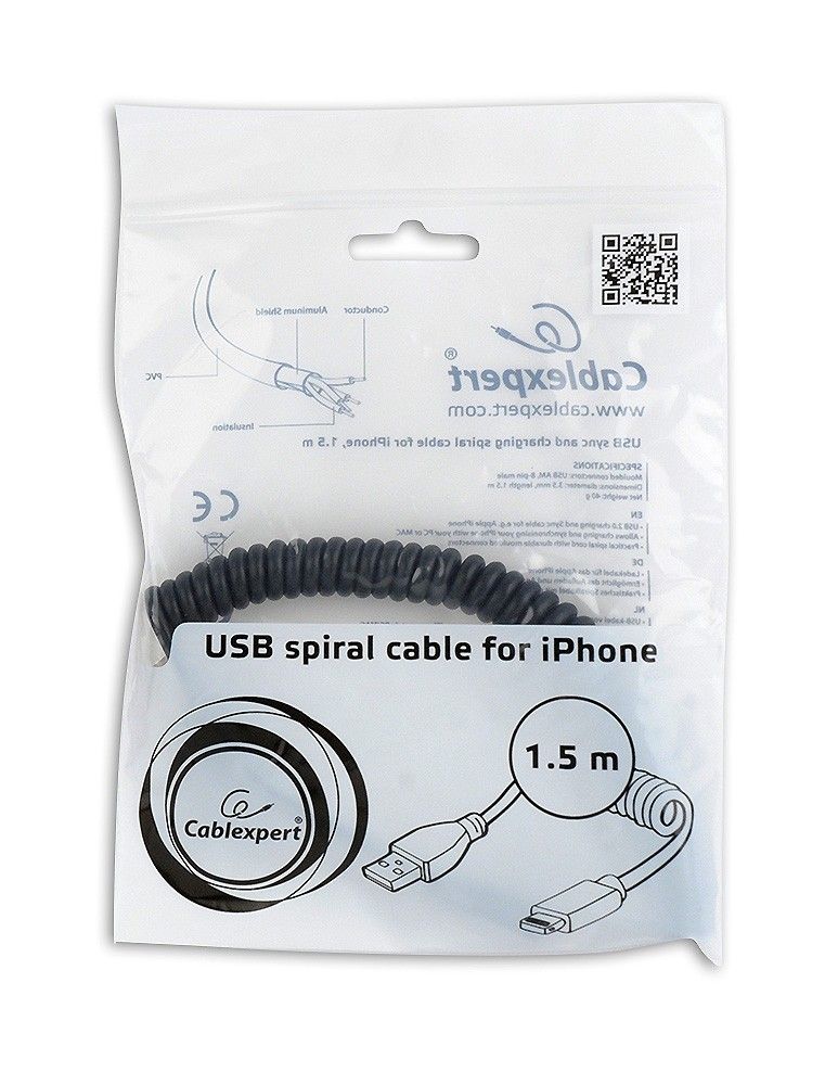 Gembird USB Sync and Charging spiral cable for iPhone 1,5m Black