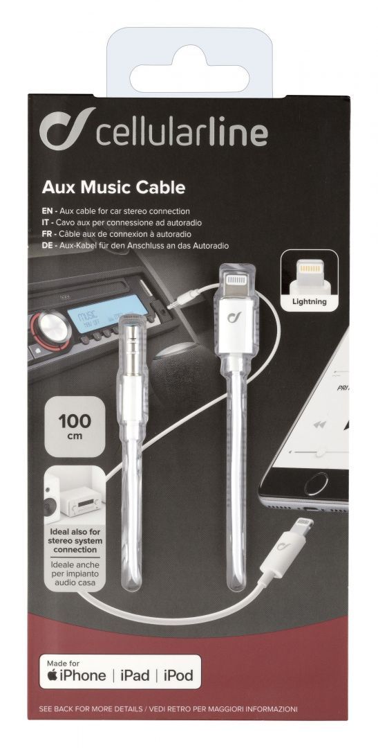Cellularline Audio cable Aux Music Cable, Ligtning connectors + 3.5 mm jack, MFI certification, 1m White