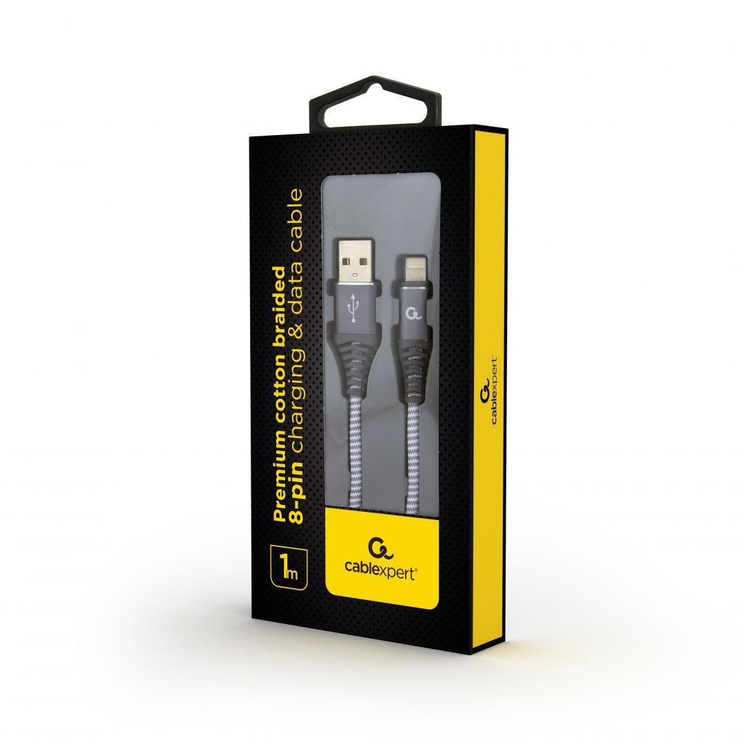 Gembird CC-USB2B-AMLM-1M-WB2 Lightning Premium cotton braided 8-pin charging and data cable 1m Space Grey/White